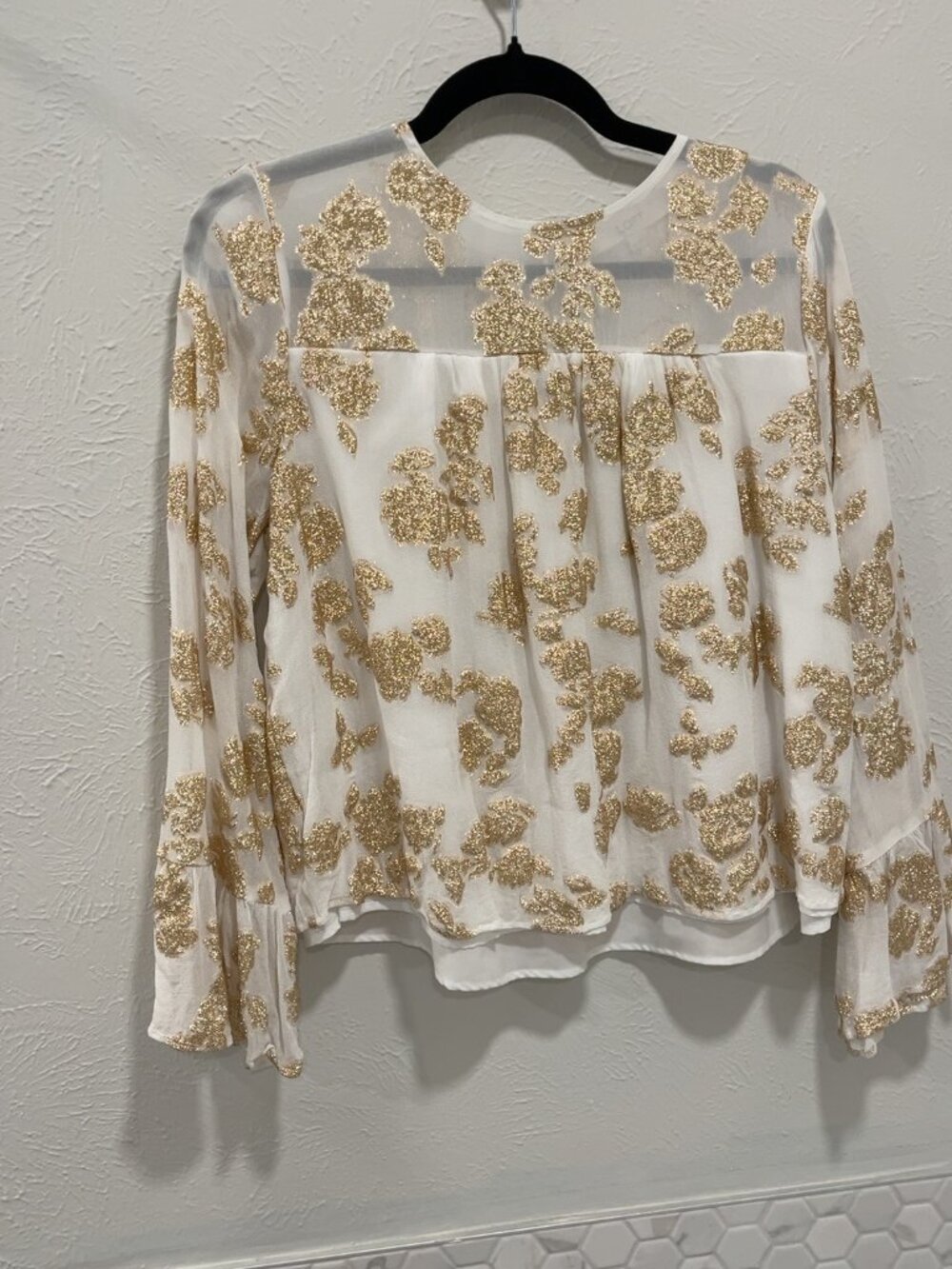 LOFT White Gold Metallic Floral Sheer Bell Sleeve Blouse